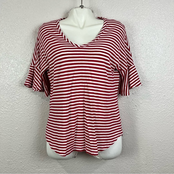 CAbi Tops - CAbi Women Small Bell 3/4 Sleeve V-neck Comfort Red‎ White Striped Blouse Top